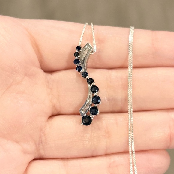 10K Sapphire Diamond Journey channel swirl natural dark blue white gold pendant - Picture 4 of 11